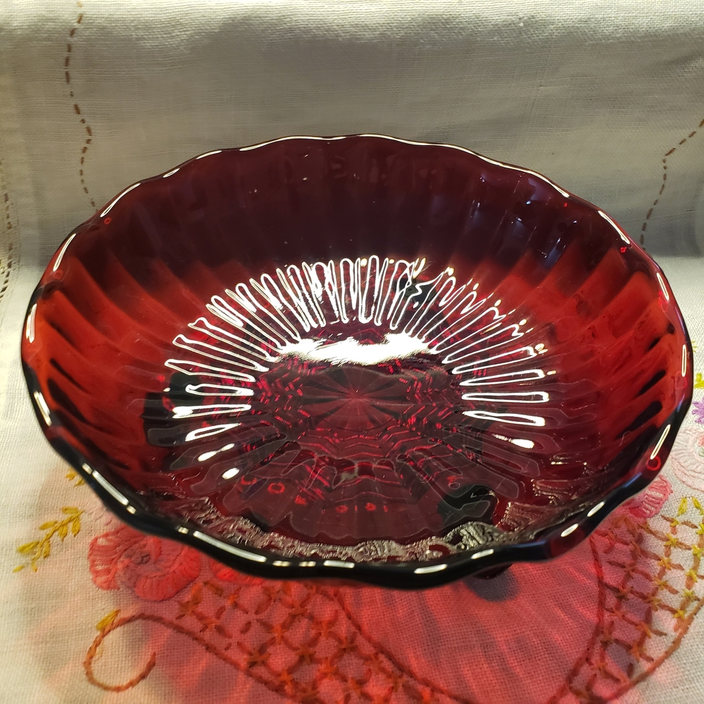 Vintage And Gorgeous Ruby Red 3 Footed Candy Bowl With Scalloped Edges